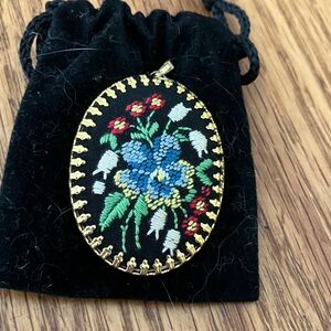Floral Embroidered Pendant with Gold Accents